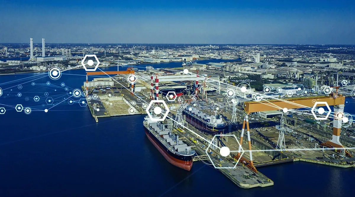 Modern shipyard aerial view and communication network concept